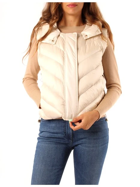 GILET IMBOTTITO CORTO ANTIGOCCIA CON CAPPUCCIO DONNA AVORIO