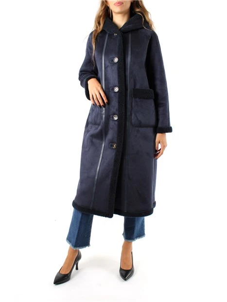 CAPPOTTO LUNGO IN JERSEY CON CAPPUCCIO IN ECOMONTONE DONNA BLU