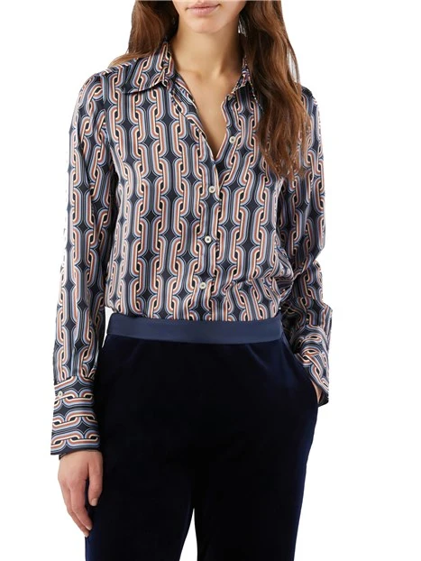 CAMICIA IN RASO CON STAMPE GEOMETRICHE DONNA BLU