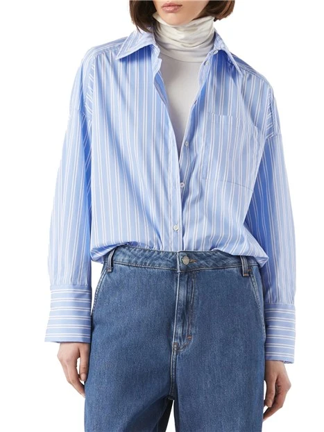 CAMICIA IN POPELINE DI COTONE A RIGHE DONNA AZZURRO