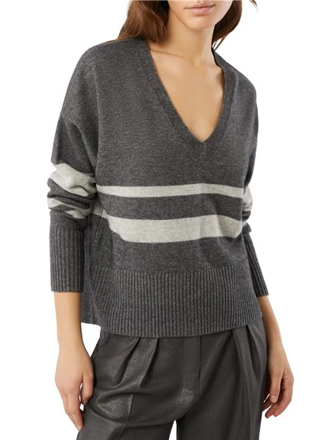 MAGLIA SCOLLO A V IN MISTO LANA E CASHMERE DONNA GRIGIO