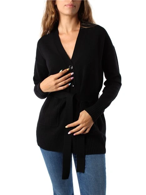 CARDIGAN IN LANA MISTO CASHMERE CON CINTURA DONNA NERO