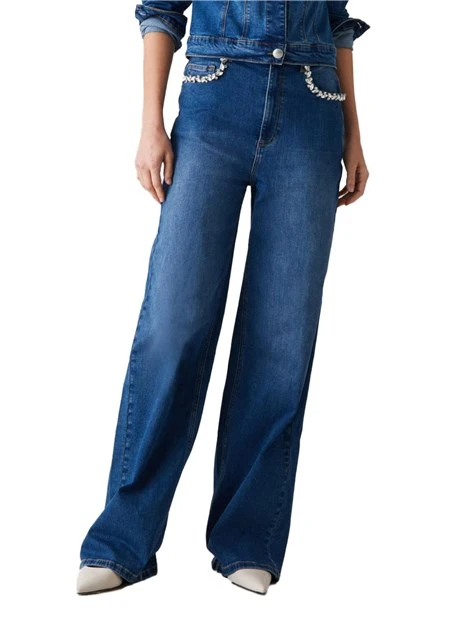 JEANS PALAZZO CON APPLICAZIONI GIOIELLO DONNA BLU