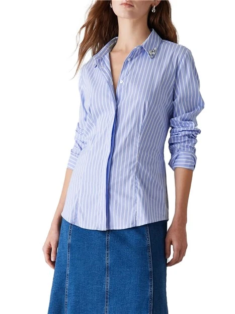 CAMICIA A RIGHE CON APPLICAZIONI GIOIELLO DONNA AZZURRO