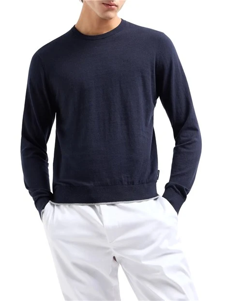 MAGLIA GIROCOLLO IN COTONE E CASHMERE CON POLSINI A COSTE UOMO BLU