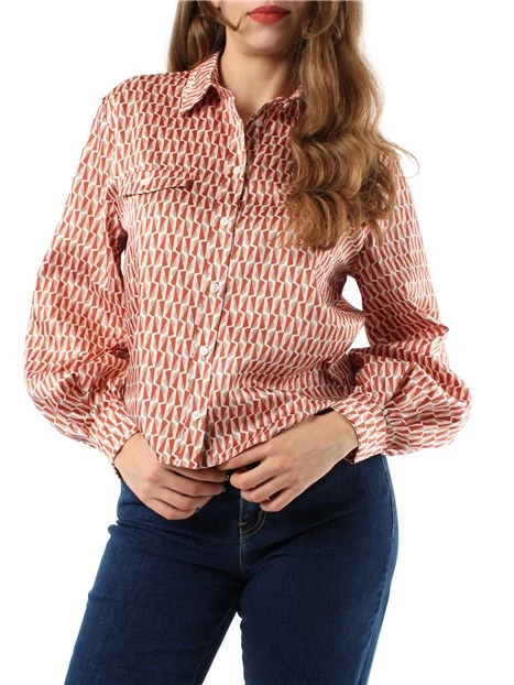 CAMICIA A FANTASIA GEOMETRICA IN TWILL DONNA ROSSO MATTONE