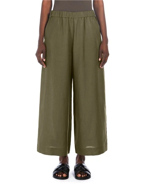 PANTALONI CROPPED AMPI IN PURO LINO DONNA VERDE SCURO