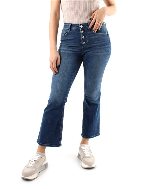 JEANS CROPPED A TROMBETTA CON BOTTONI GIOIELLO DONNA BLU