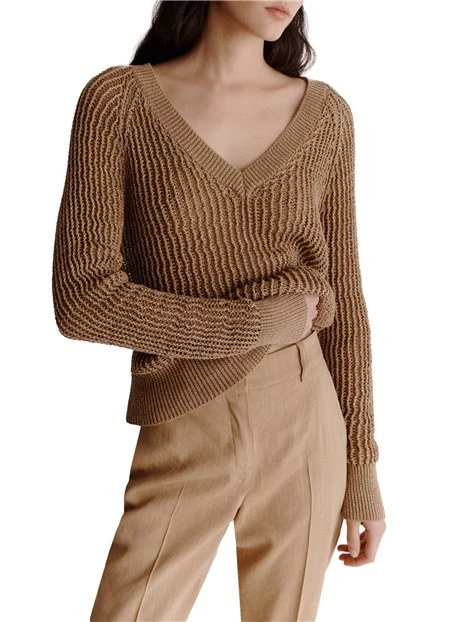 MAGLIA SCOLLO A V DONNA BEIGE