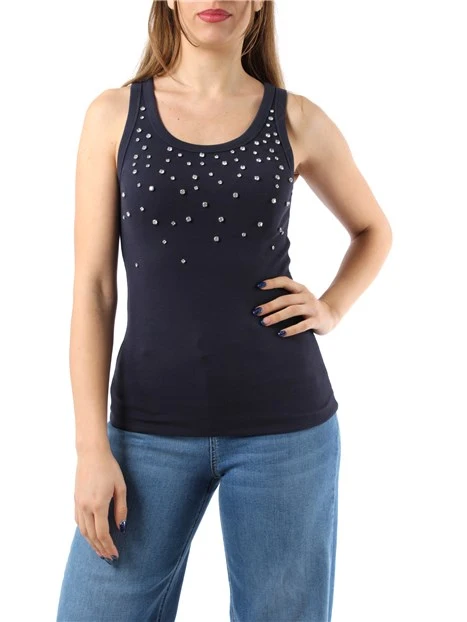 TOP CON CRISTALLI CABOCHON DAVANTI DONNA BLU