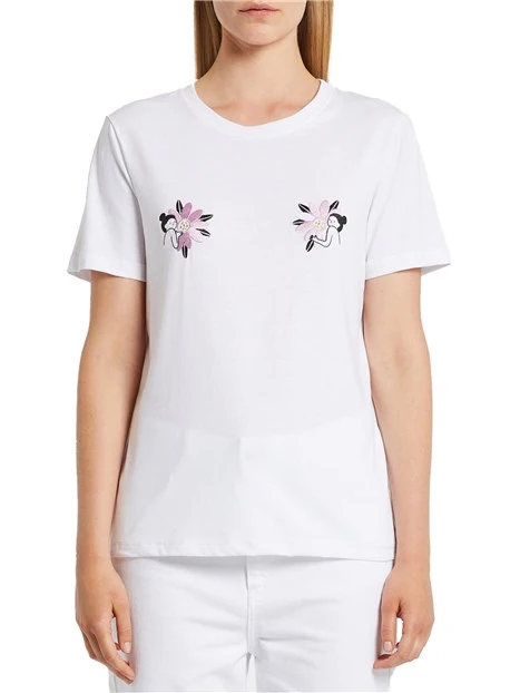 T-SHIRT A MANICA CORTA CON STAMPA FLOREALE RICAMATA DONNA BIANCO