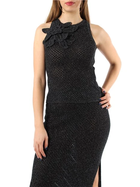 TOP IN MISTO COTONE CON DETTAGLI CROCHET DONNA NERO