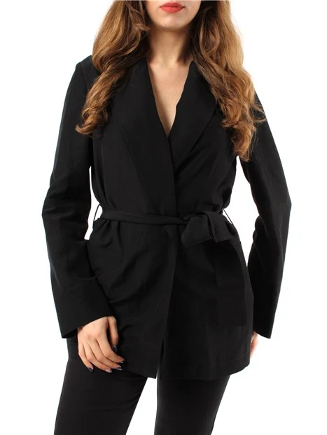 GIACCA BLAZER IN TELA DI LINO CON CINTURA DONNA NERO