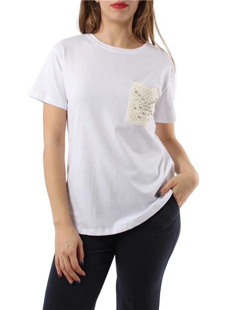 T-SHIRT SOLE A MANICA CORTA CON TASCHINO RICAMATO CON BRILLANTI DONNA BIANCO