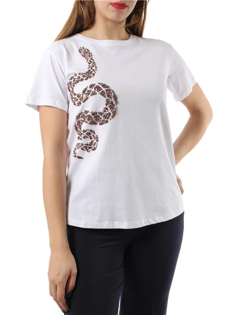 T-SHIRT MANICA CORTA CON SERPENTE IN PAILLETTES DONNA BIANCO