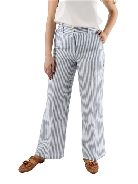 PANTALONE PALAZZO A RIGHE IN PURO LINO DONNA AZZURRO