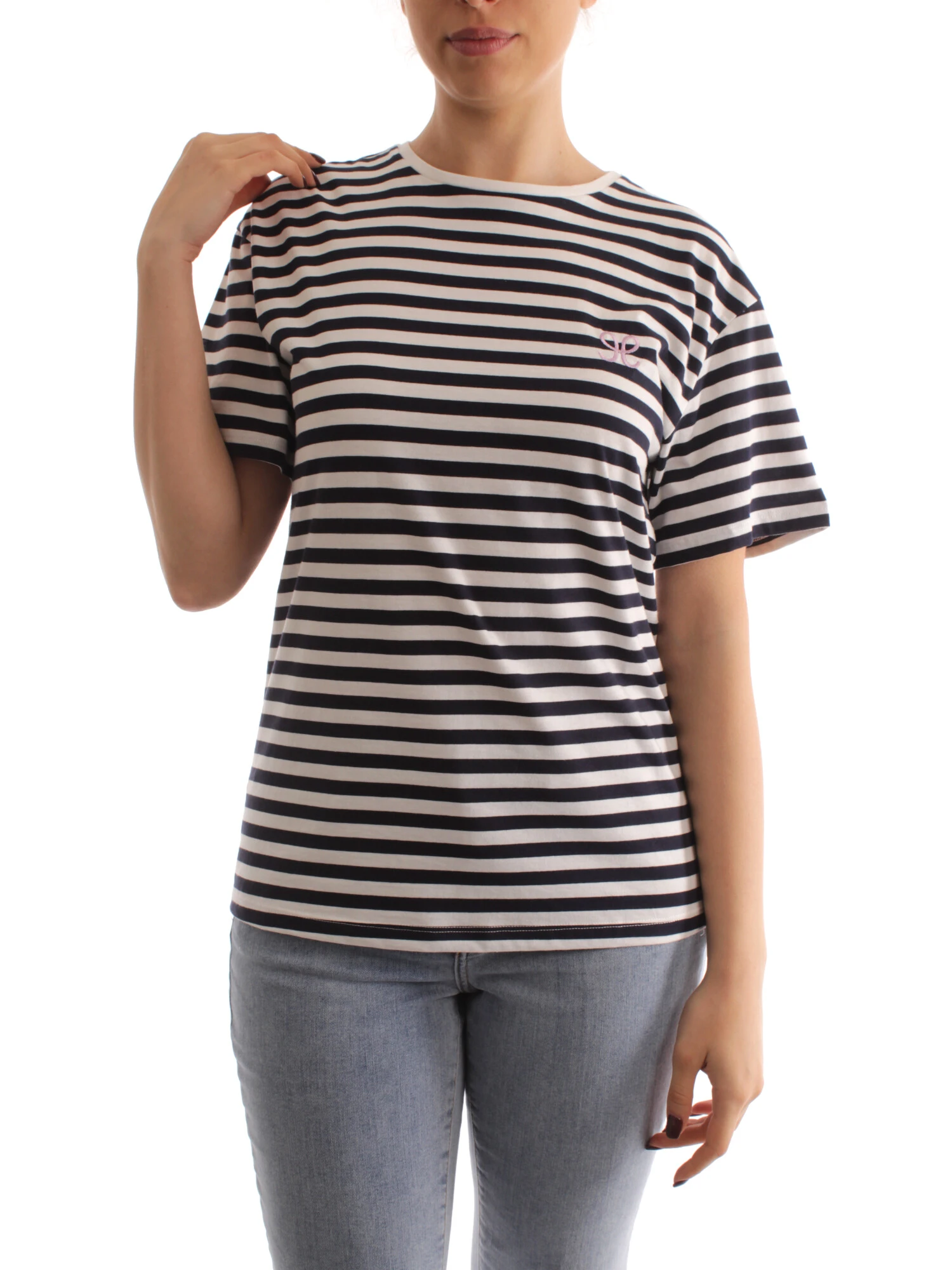 T-SHIRT MANICA CORTA A RIGHE BLU DONNA BIANCO