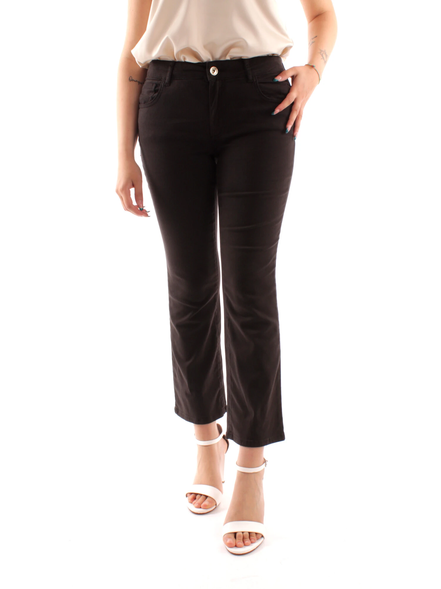 PANTALONI CROPPED A ZAMPA MISTO COTONE DONNA NERO