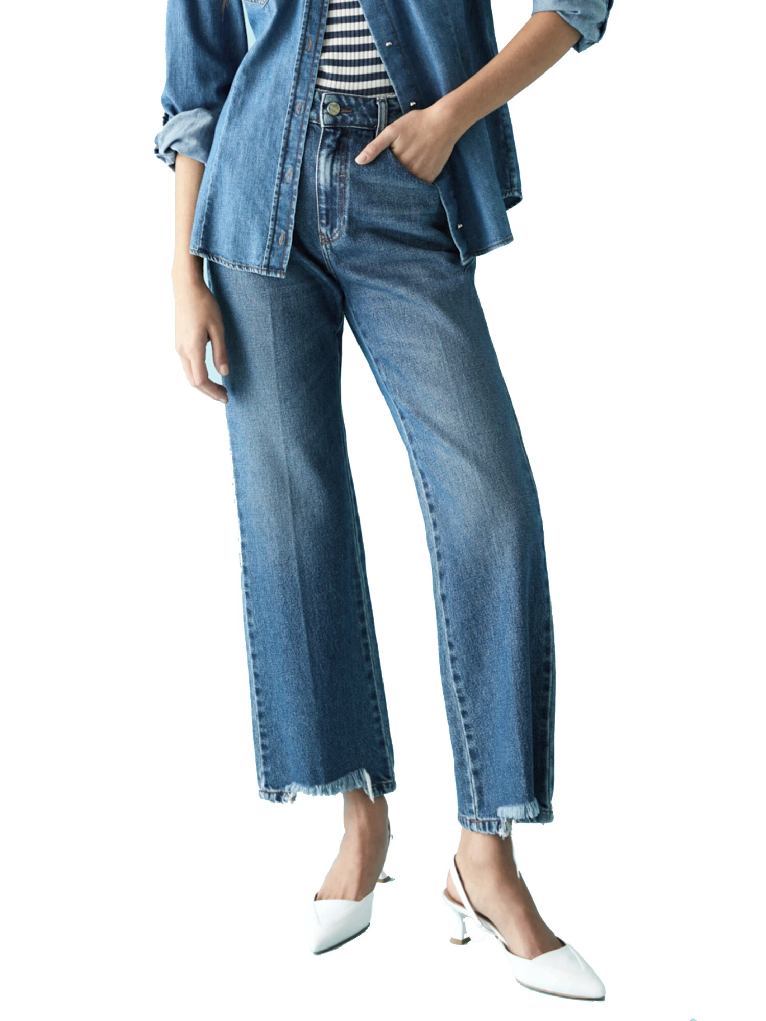 JEANS BOYFRIEND IN PURO COTONE SFRANGIATI DONNA BLU