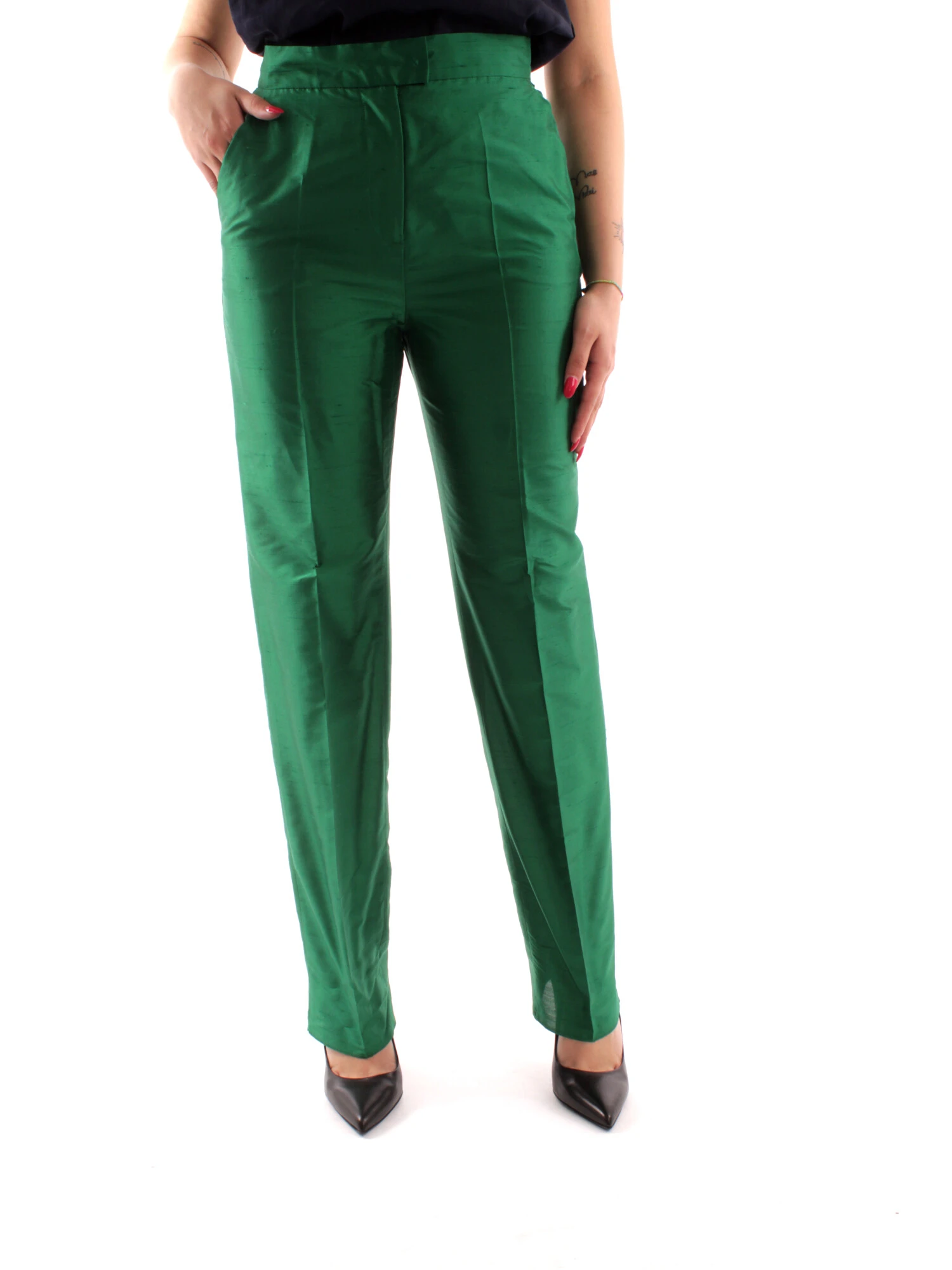 PANTALONI A SIGARETTA IN PURA SETA DONNA VERDE