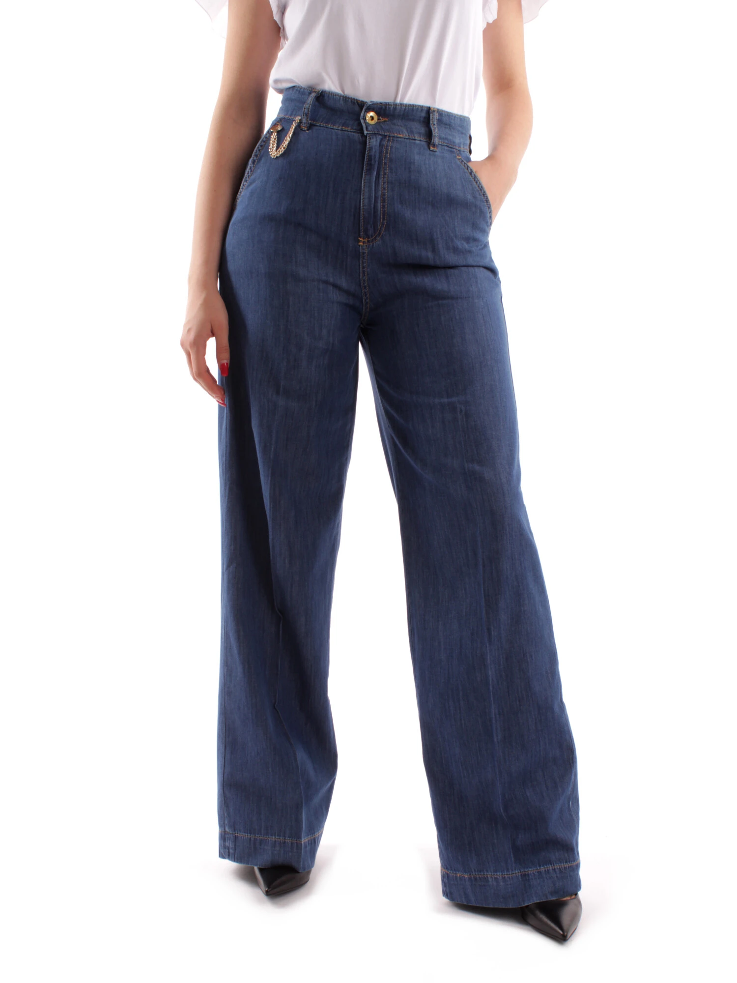 JEANS PALAZZO IN PURO COTONE CON CATENA LATERALE DONNA BLU