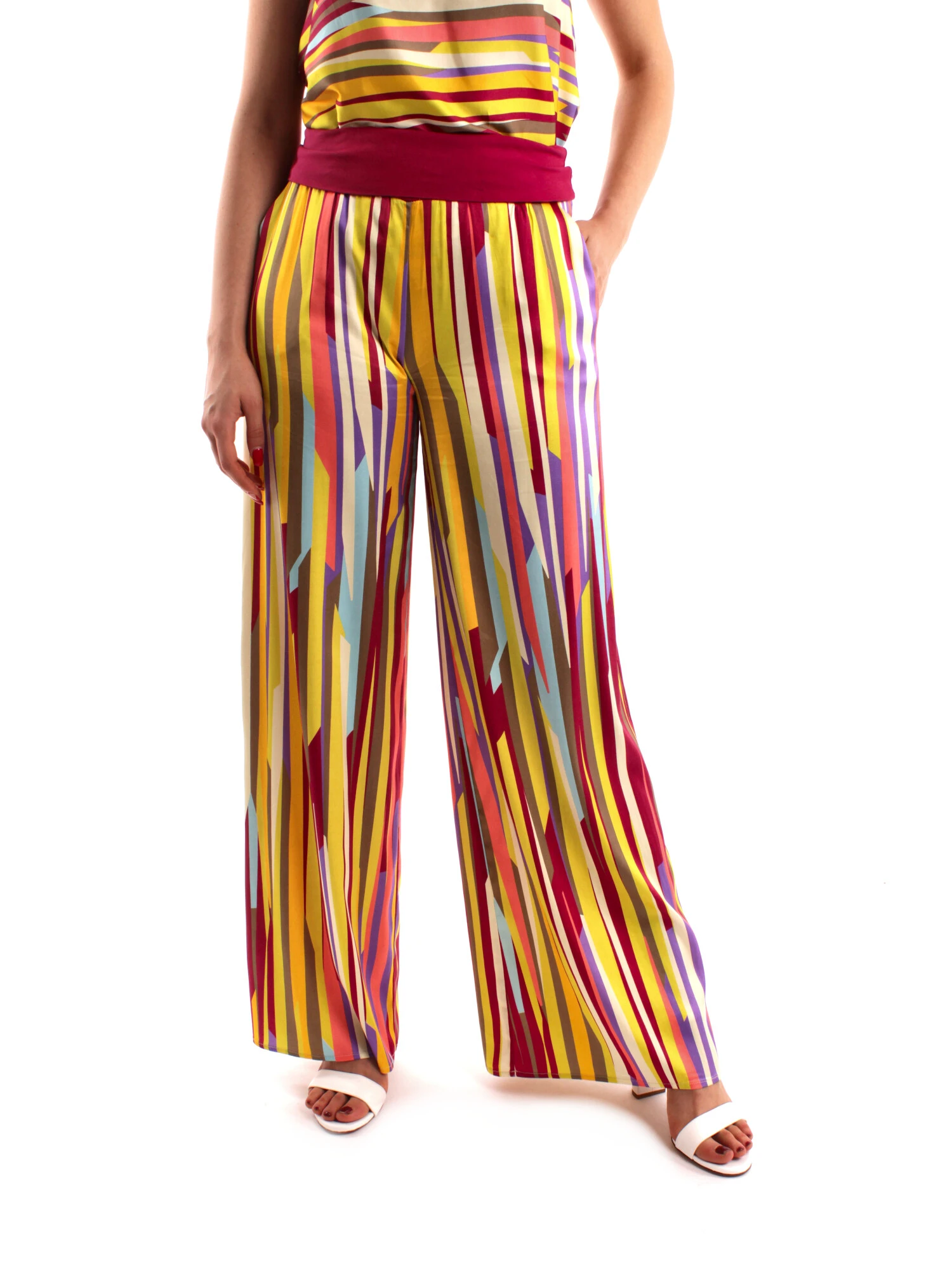 PANTALONI PALAZZO A RIGHE VERTICALI MULTICOLORE DONNA FUCSIA