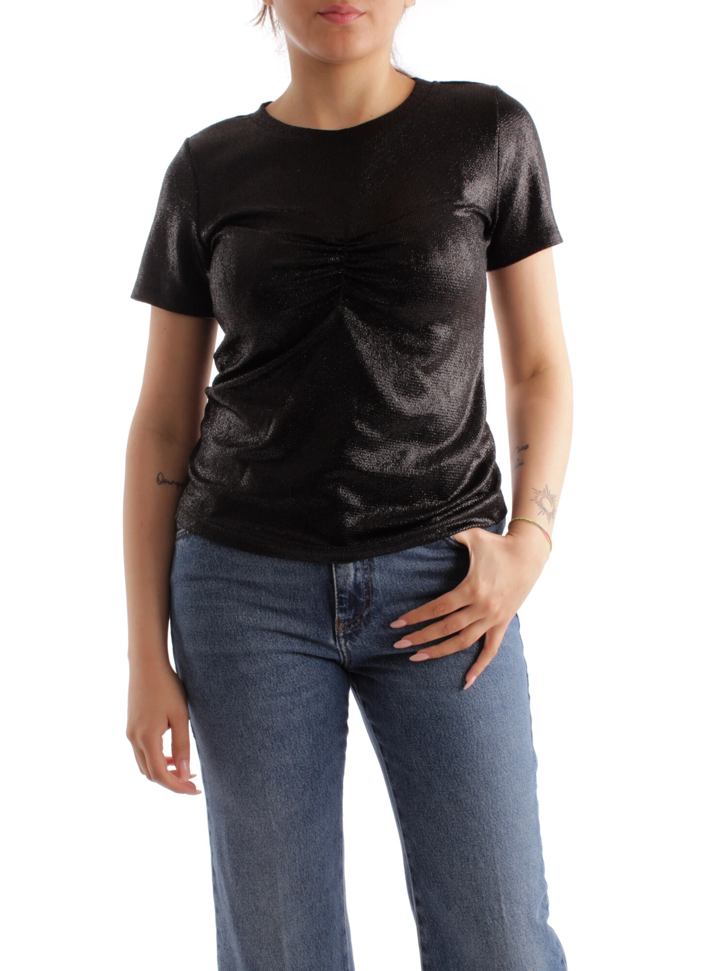 T-SHIRT CON ARRICCIATURA FRONTALE DONNA NERO