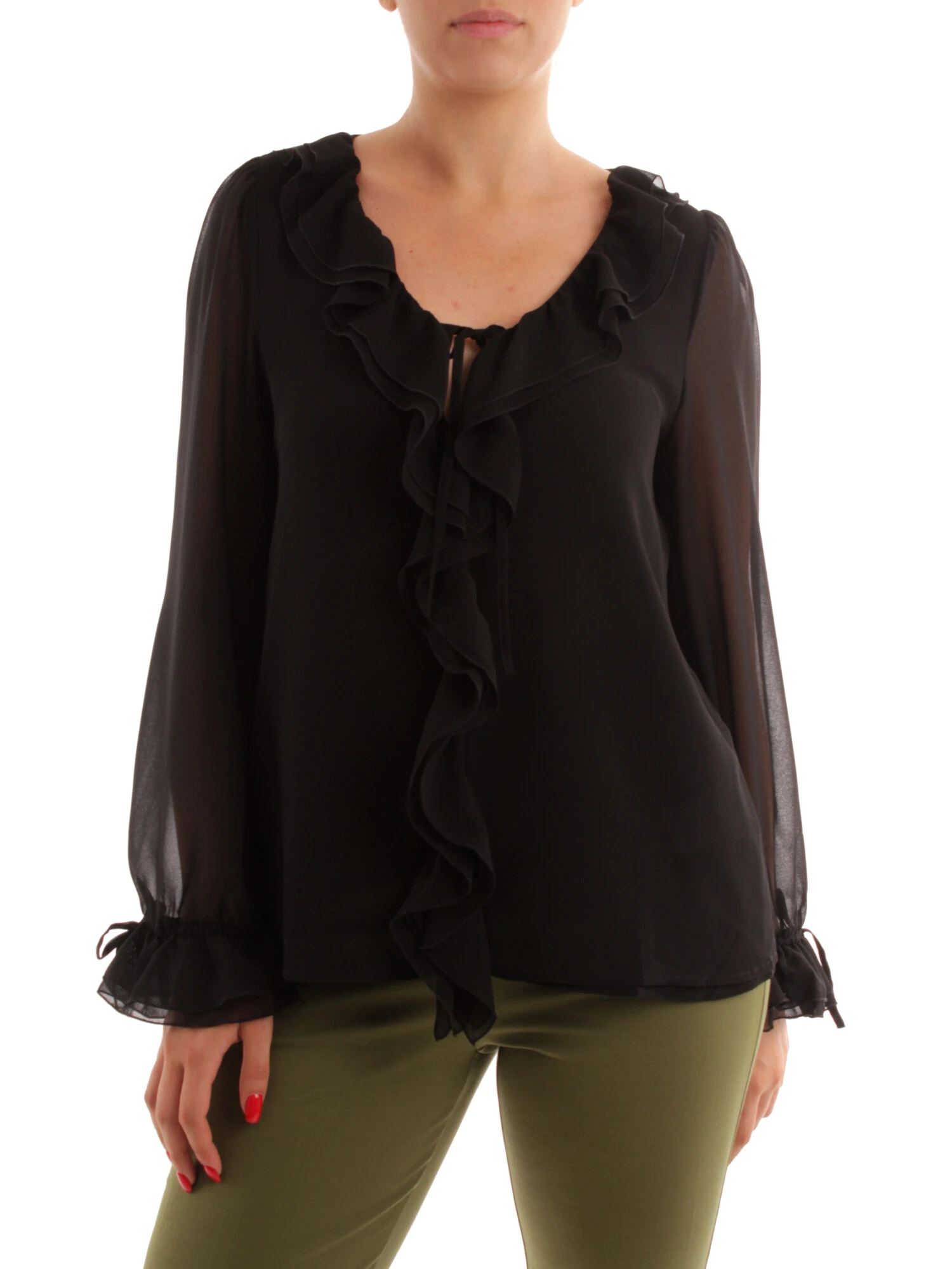 BLUSA CON ROUCHES IN TINTA DONNA NERO