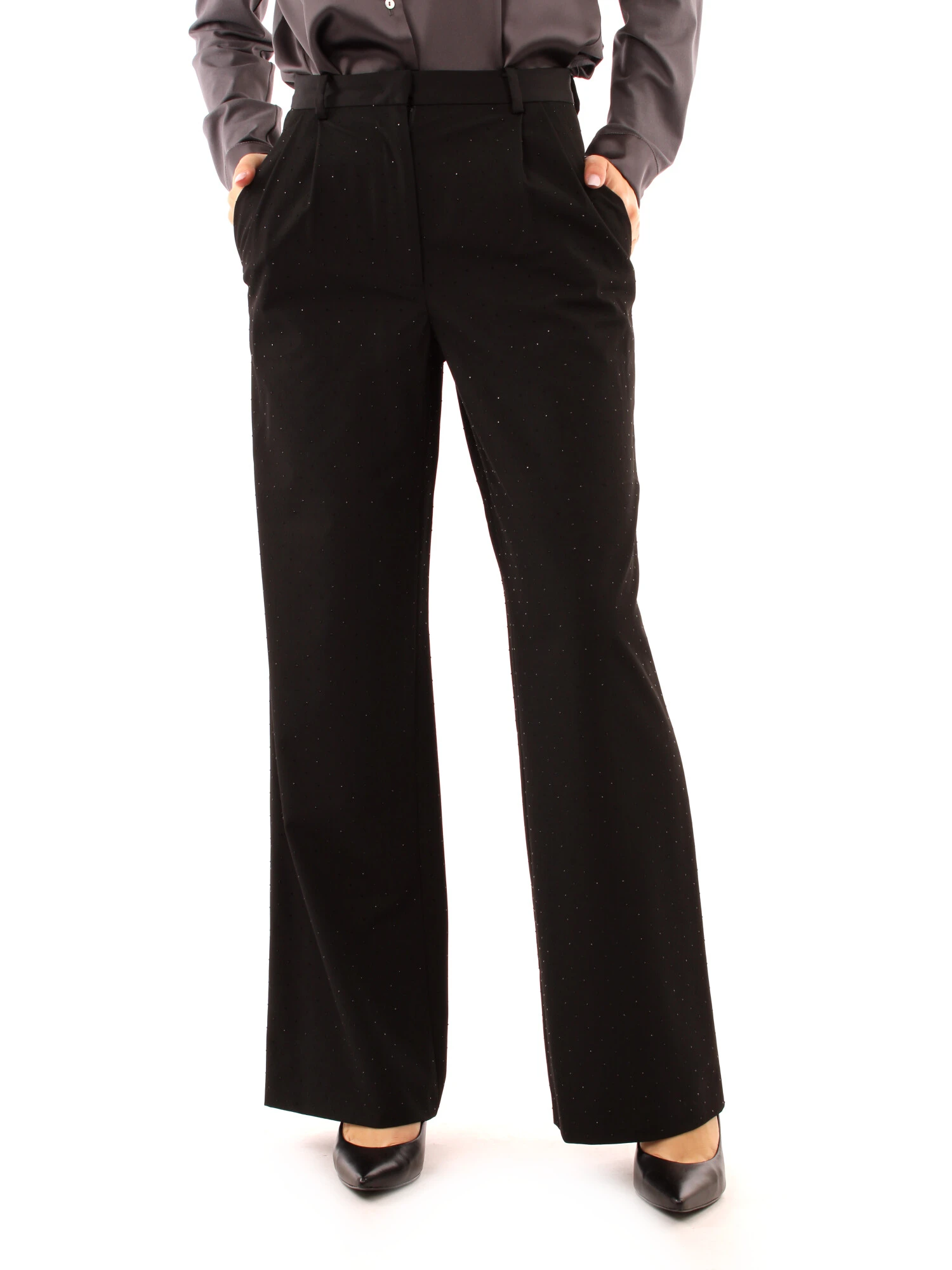 PANTALONI PALAZZO CON STRASS DONNA NERO