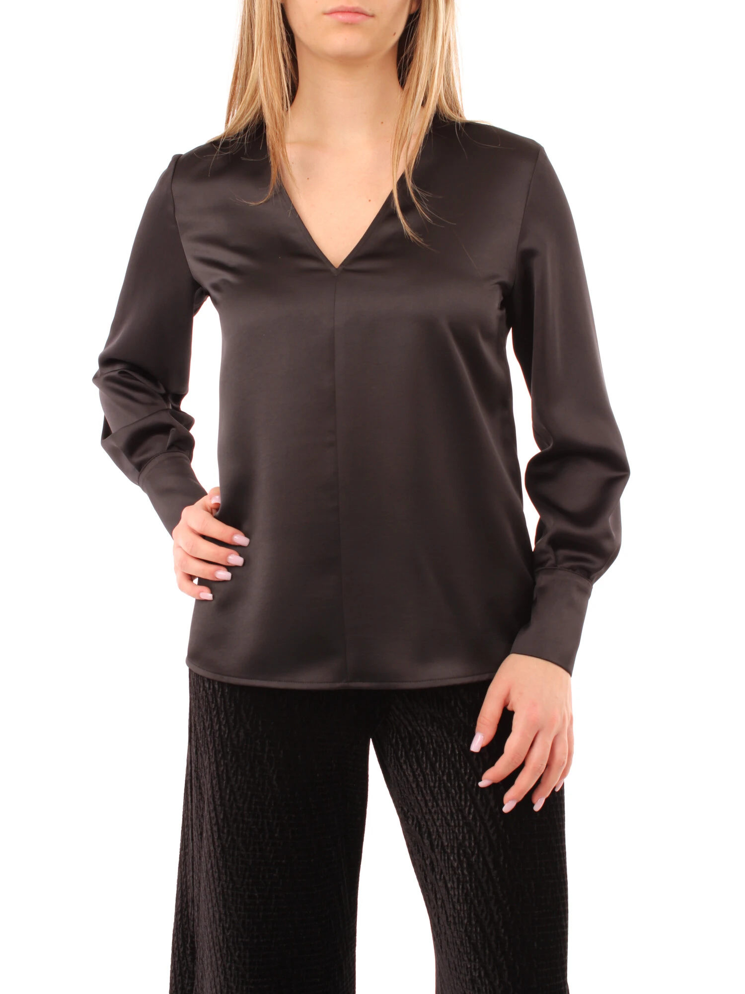 BLUSA IN RASO CON SCOLLO A V DONNA NERO