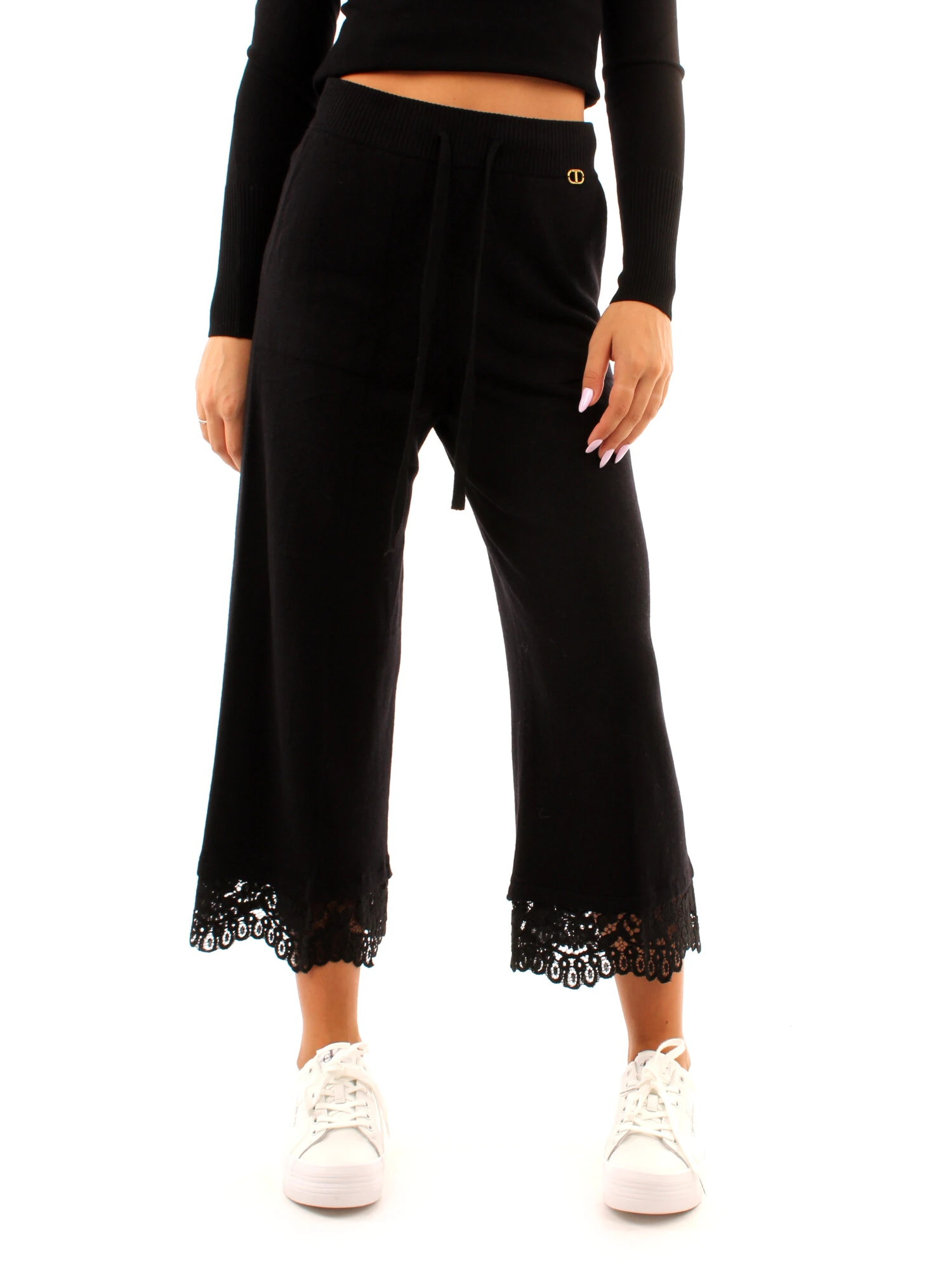 PANTALONI CROPPED FONDO IN PIZZO DONNA NERO