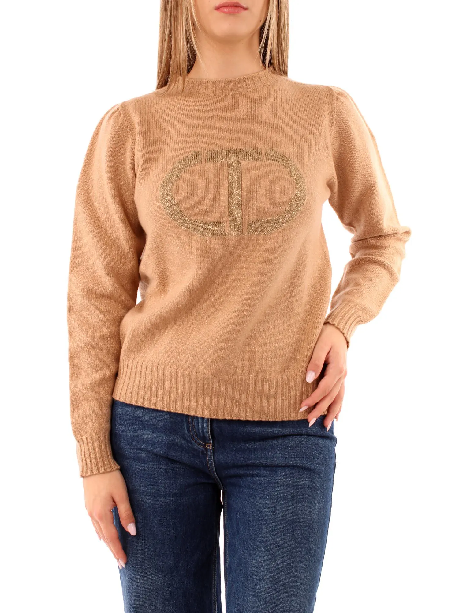 MAGLIA GIROCOLLO CON LOGO IN LUREX DONNA BEIGE