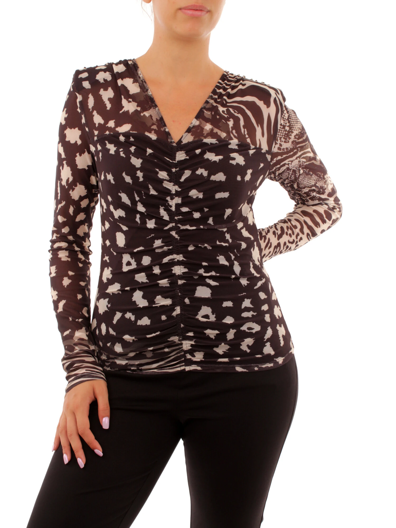 MAGLIA SCOLLO A V FANTASIA ANIMALIER DONNA NERO