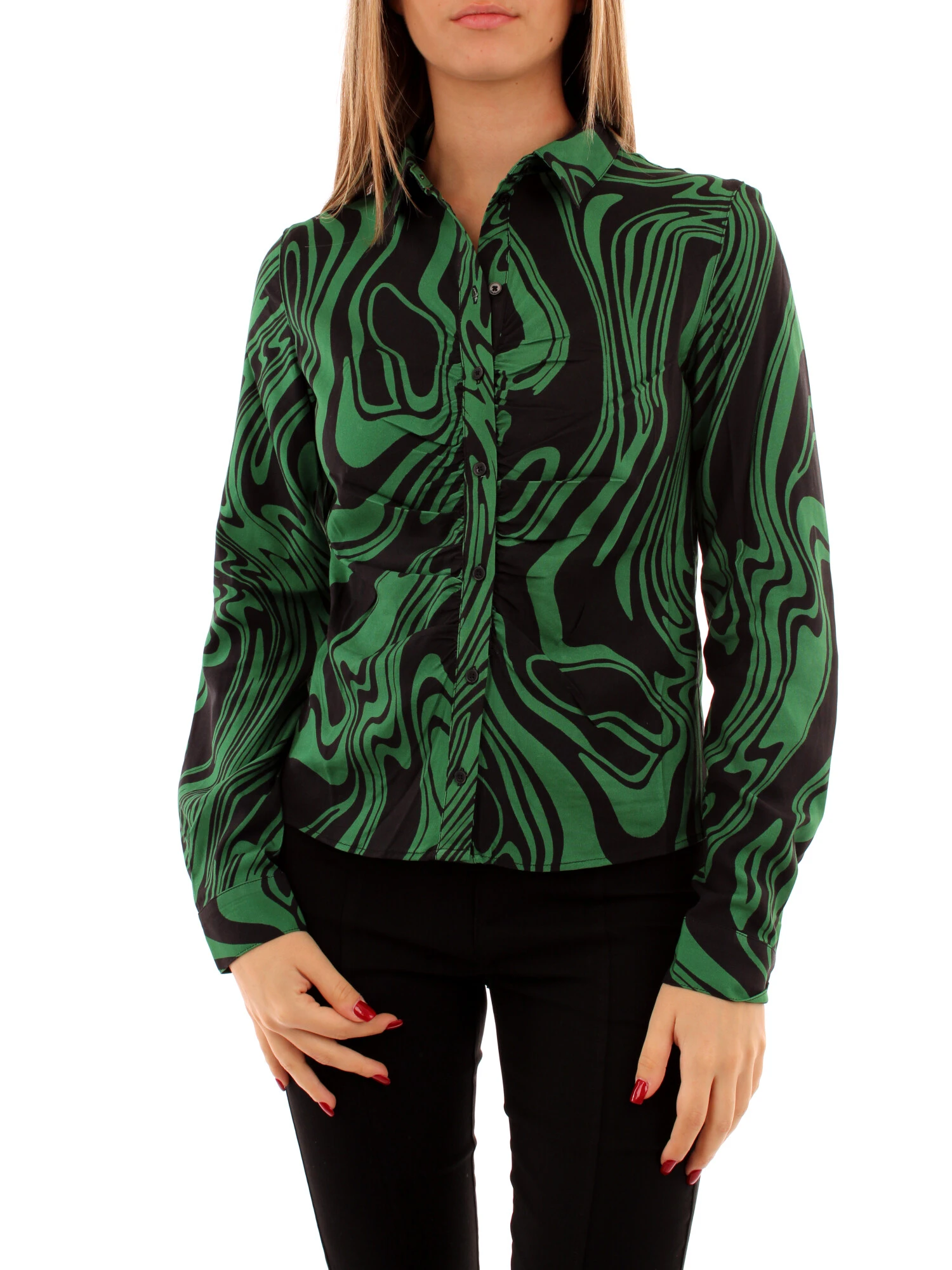 Camicia Blusa Fantasia Verde Fiocco Collo Donna Spring