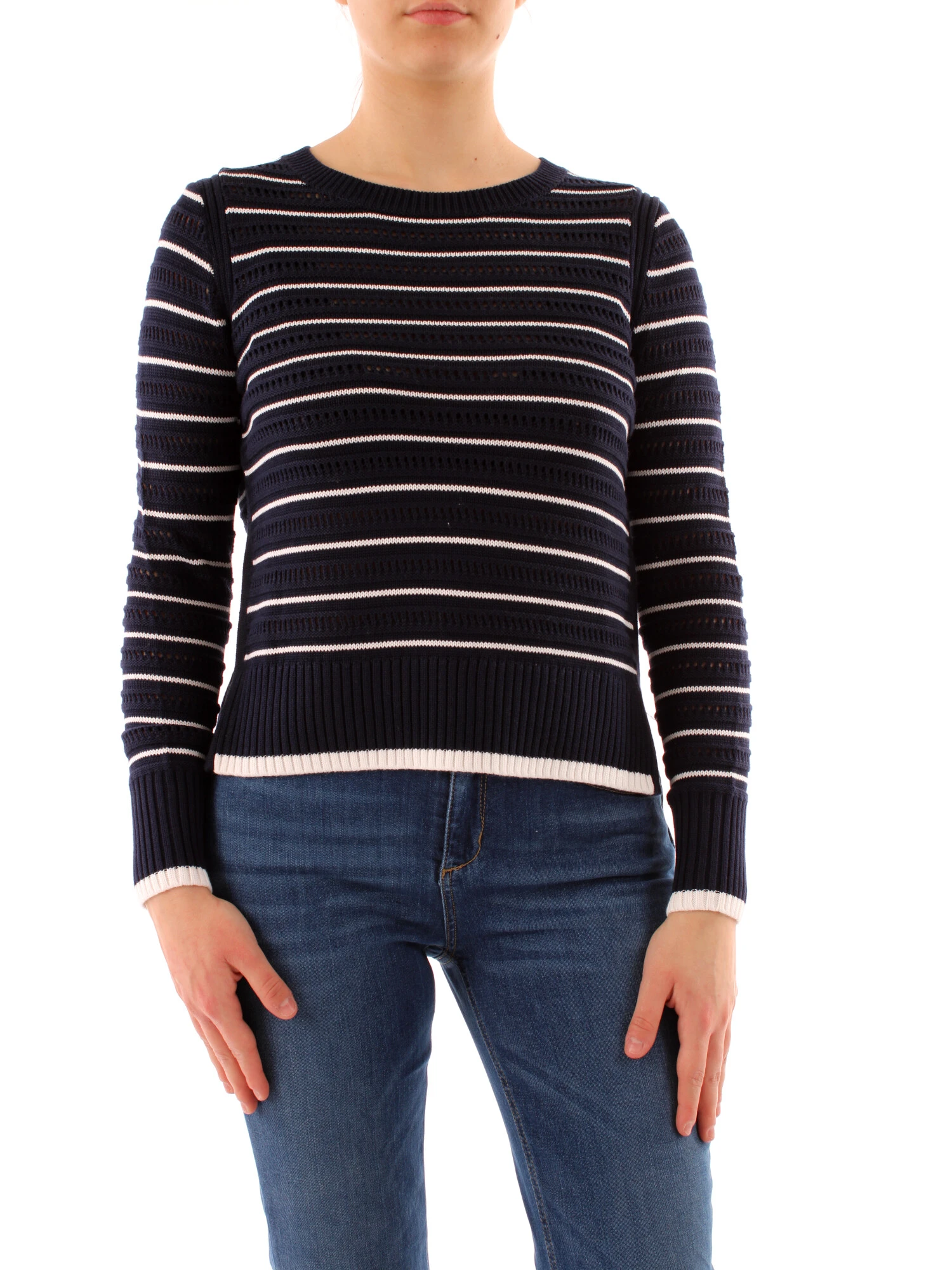 MAGLIA GIROCOLLO A RIGHE CON SPACCHI DONNA BIANCO BLU NAVY