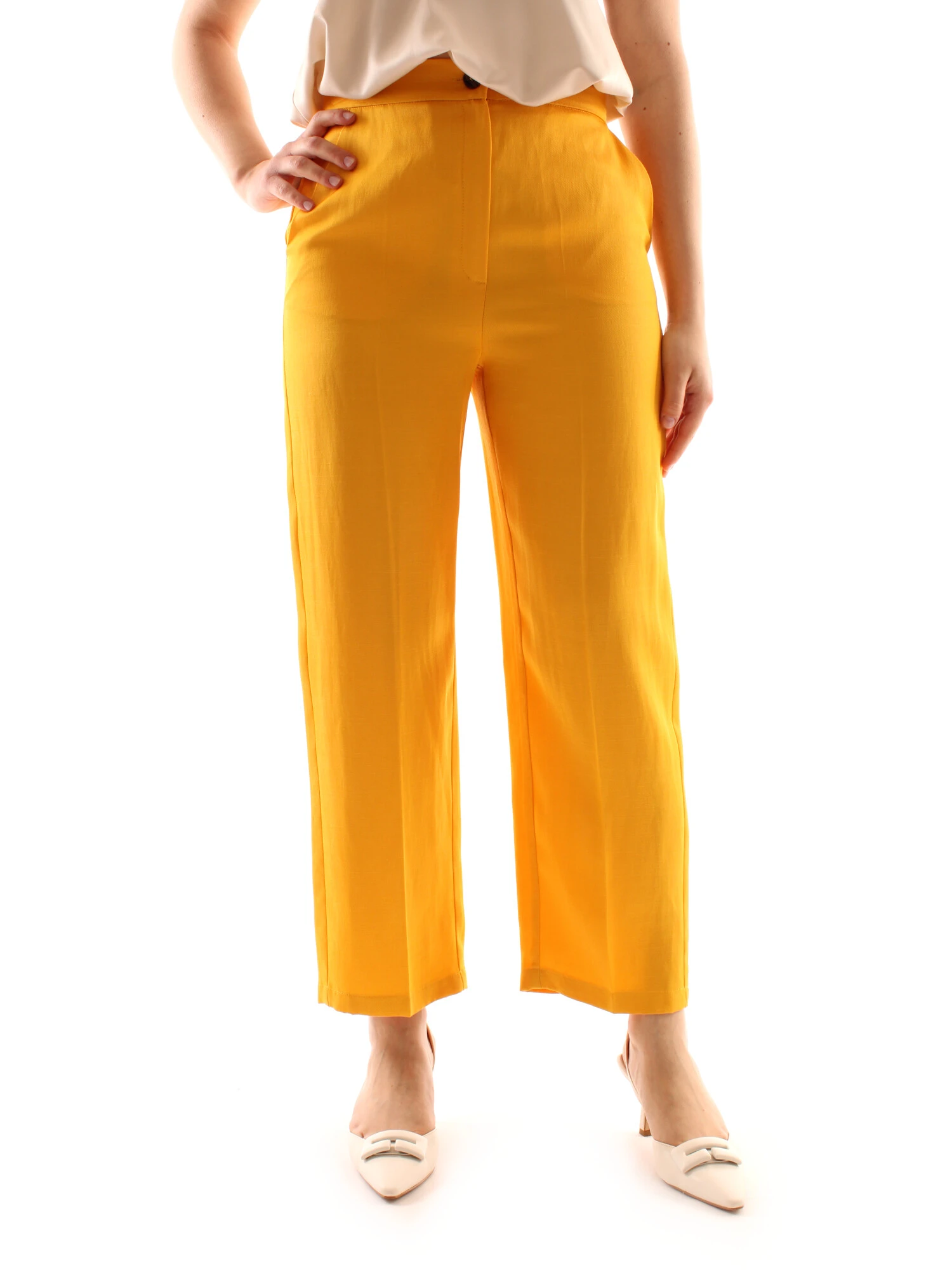 PANTALONI A SIGARETTA IN MISTO LINO DONNA GIALLO