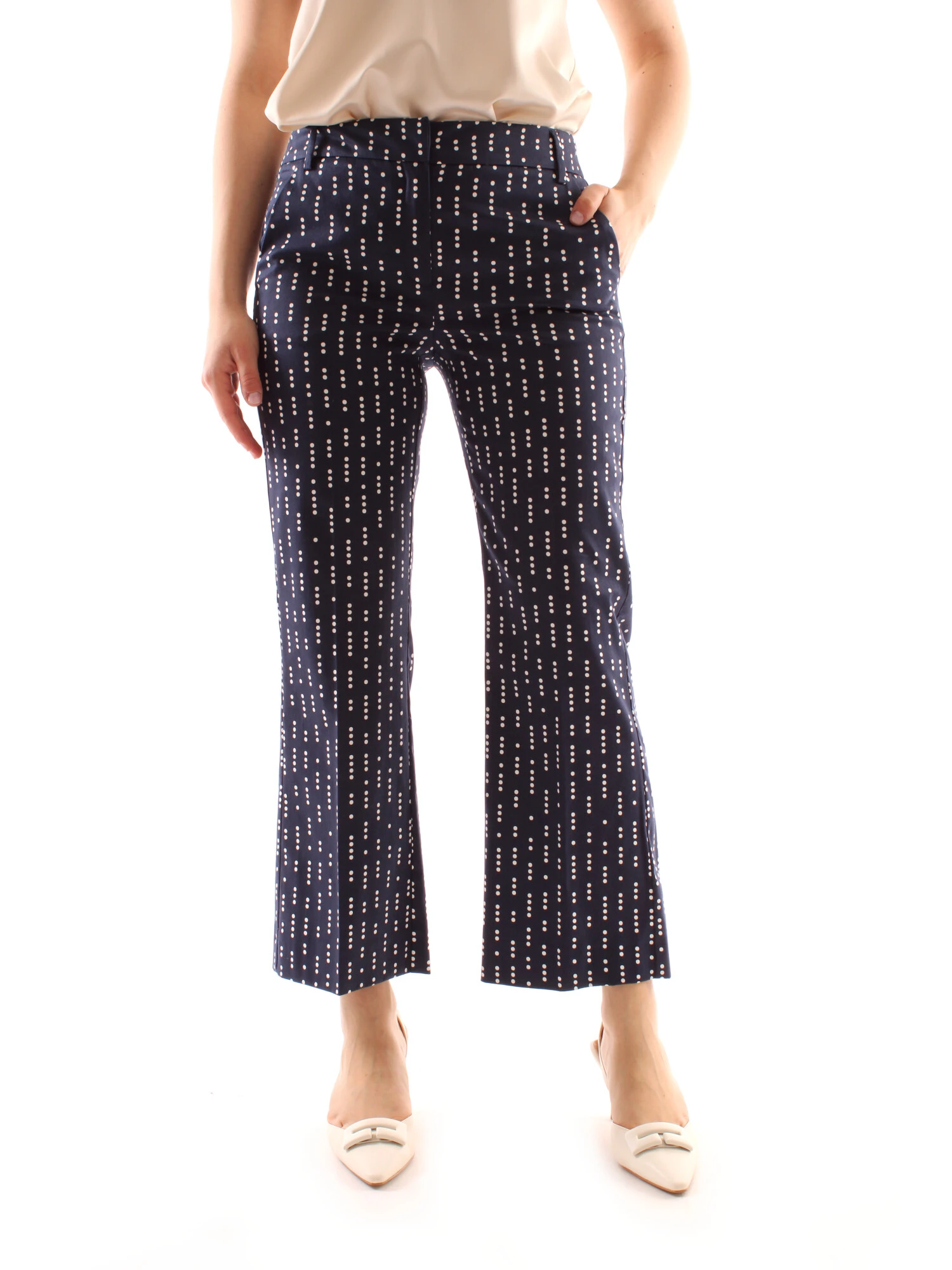 PANTALONI CROPPED A ZAMPA CON POIS DONNA BLU