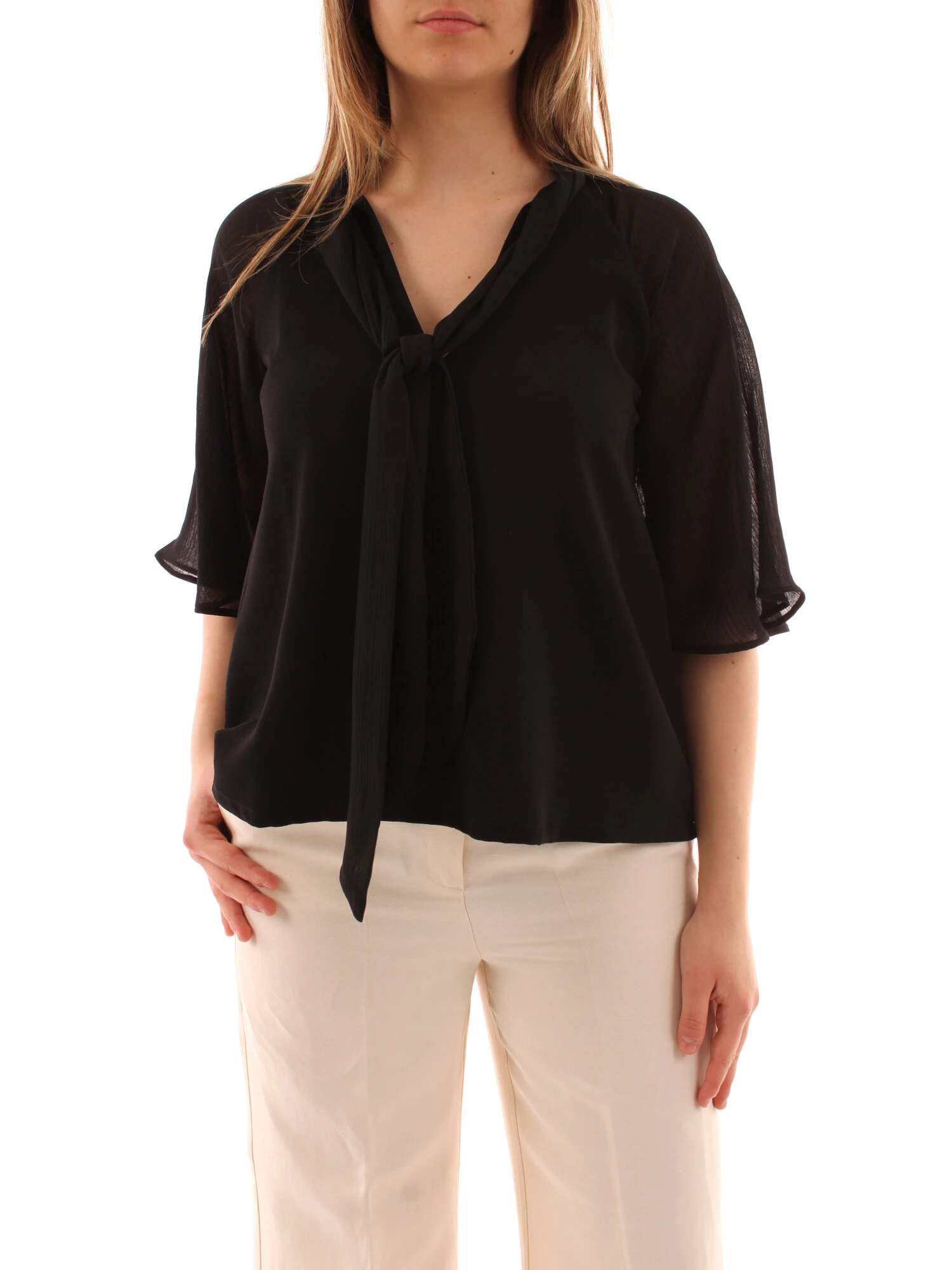 BLUSA IN ENVER SATIN CON FIOCCO DONNA NERO