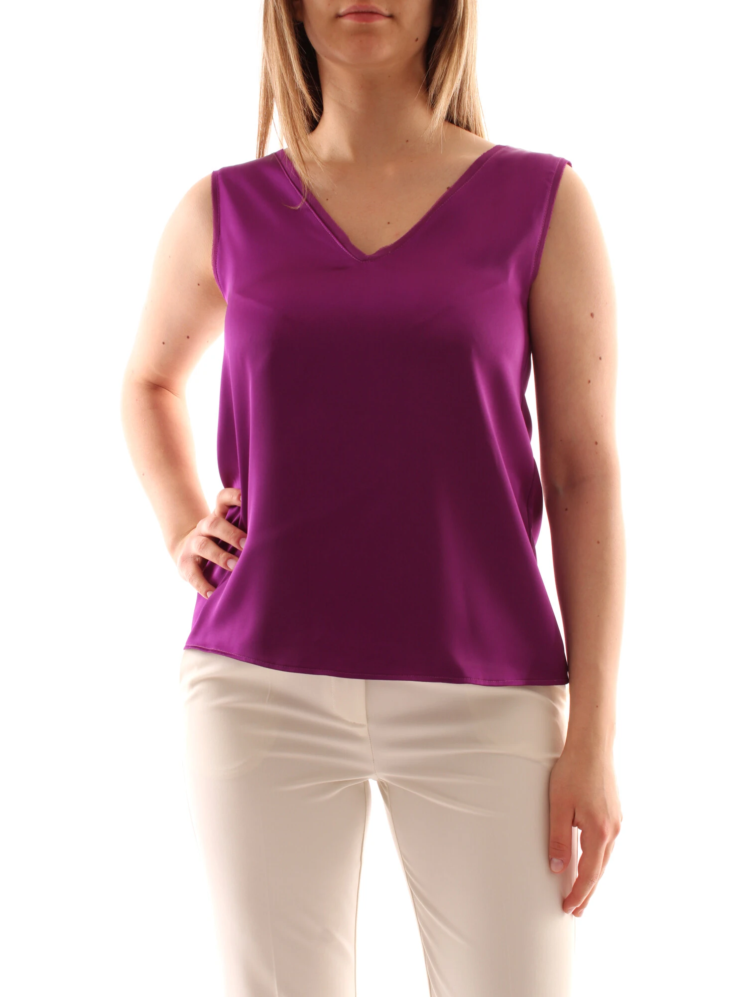 TOP CON SCOLLO A V IN RASO DONNA FUCSIA