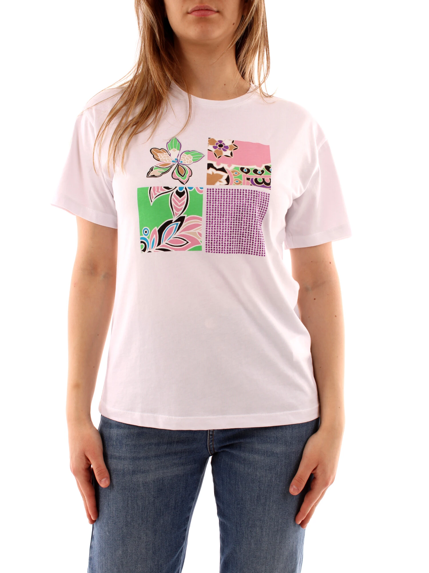 T-SHIRT MANICA CORTA CON STAMPA CON STRASS DONNA BIANCO