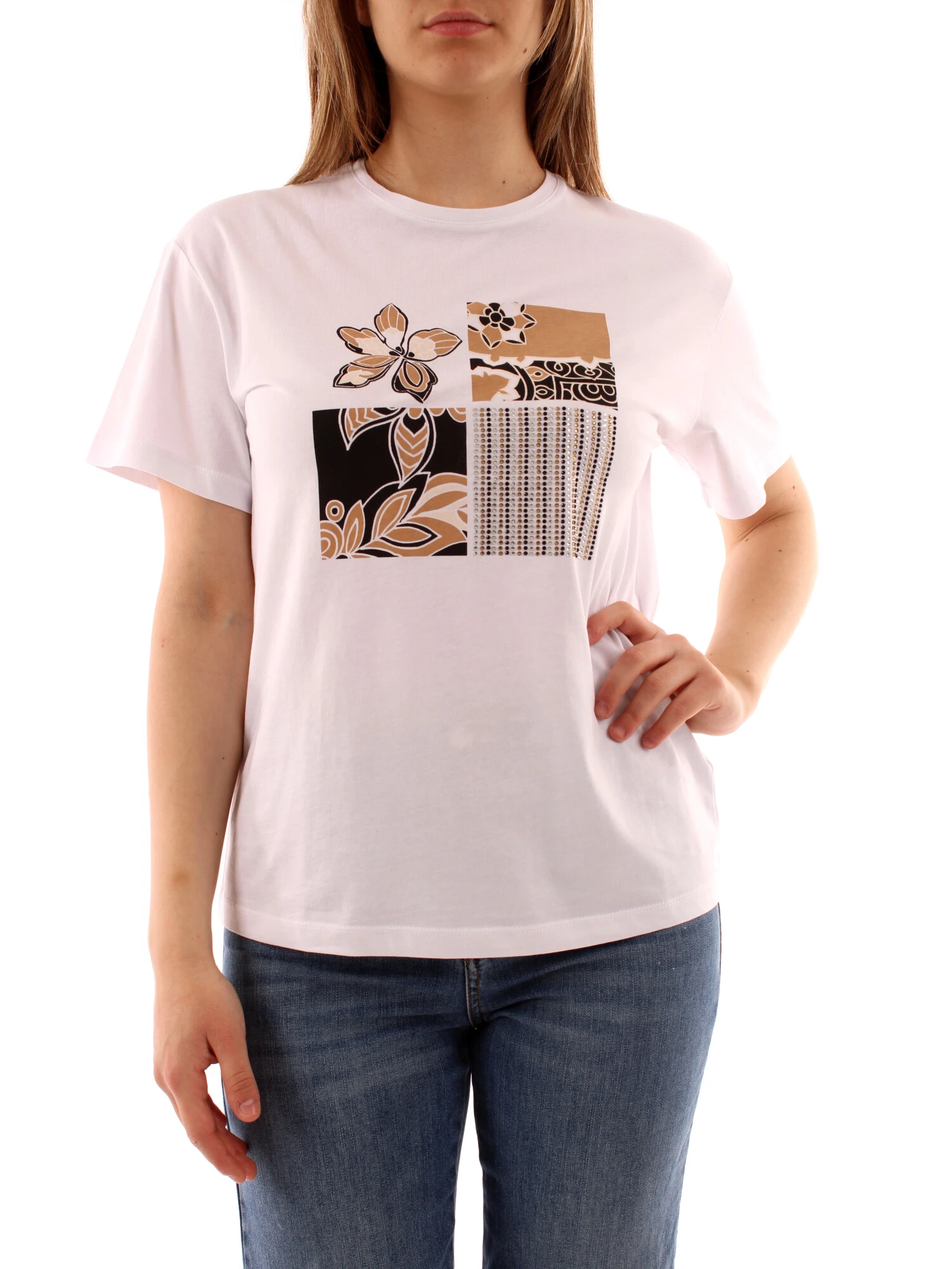 T-SHIRT MANICA CORTA CON STAMPA IN STRASS DONNA BIANCO