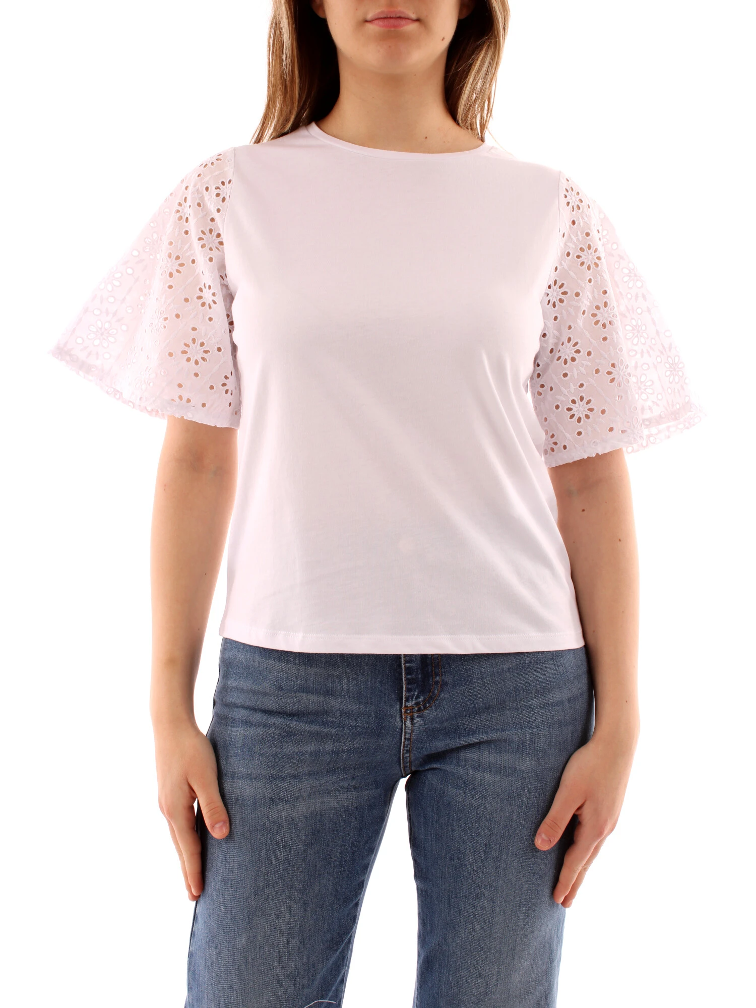 T-SHIRT MANICA CORTA CON PIZZO SANGALLO DONNA BIANCO