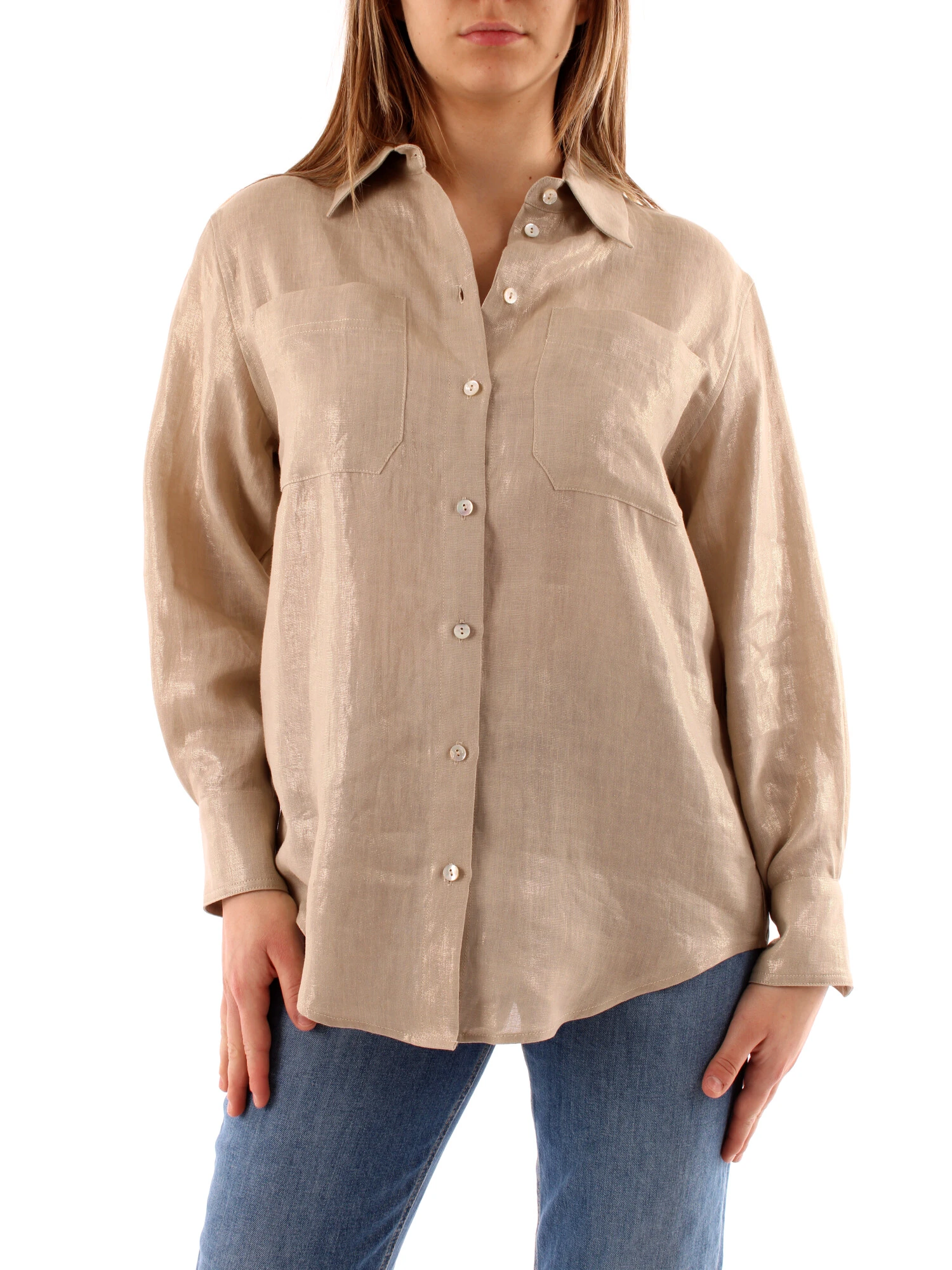 CAMICIA IN LINO LAMINATA DONNA BEIGE