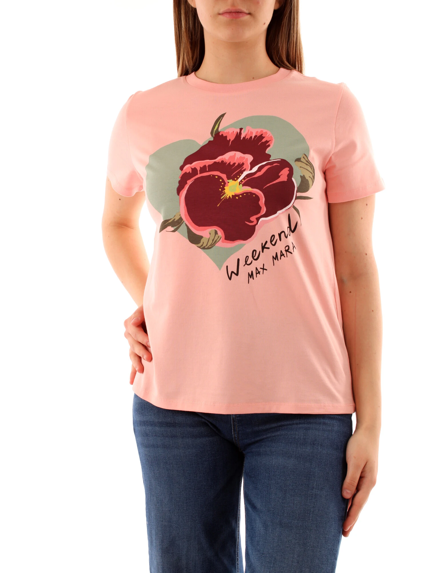 T-SHIRT MANICA CORTA IN COTONE CON STAMPA FLOREALE DONNA ROSA