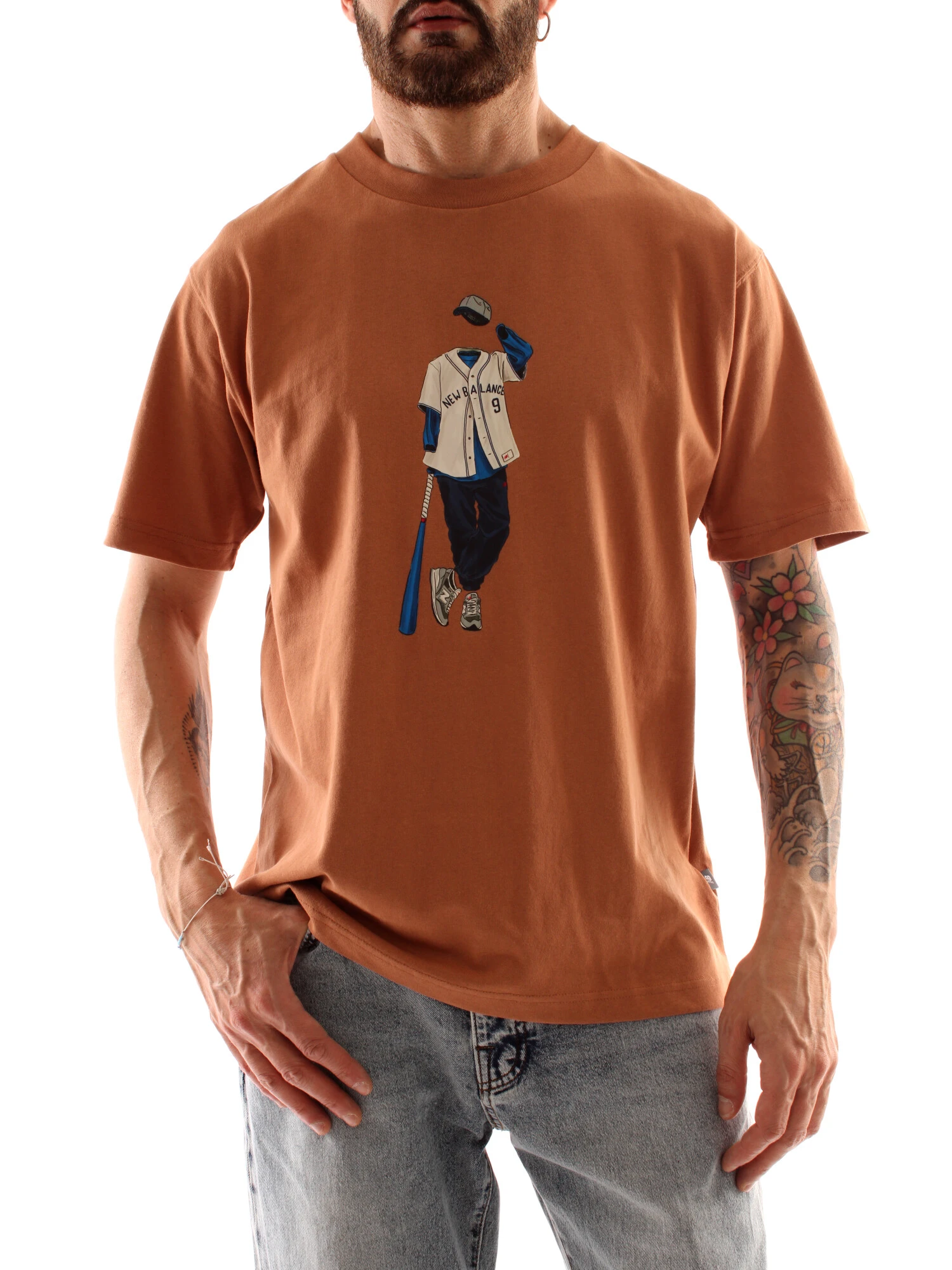 T-SHIRT MANICA CORTA CON STAMPA BASEBALL UOMO MARRONE