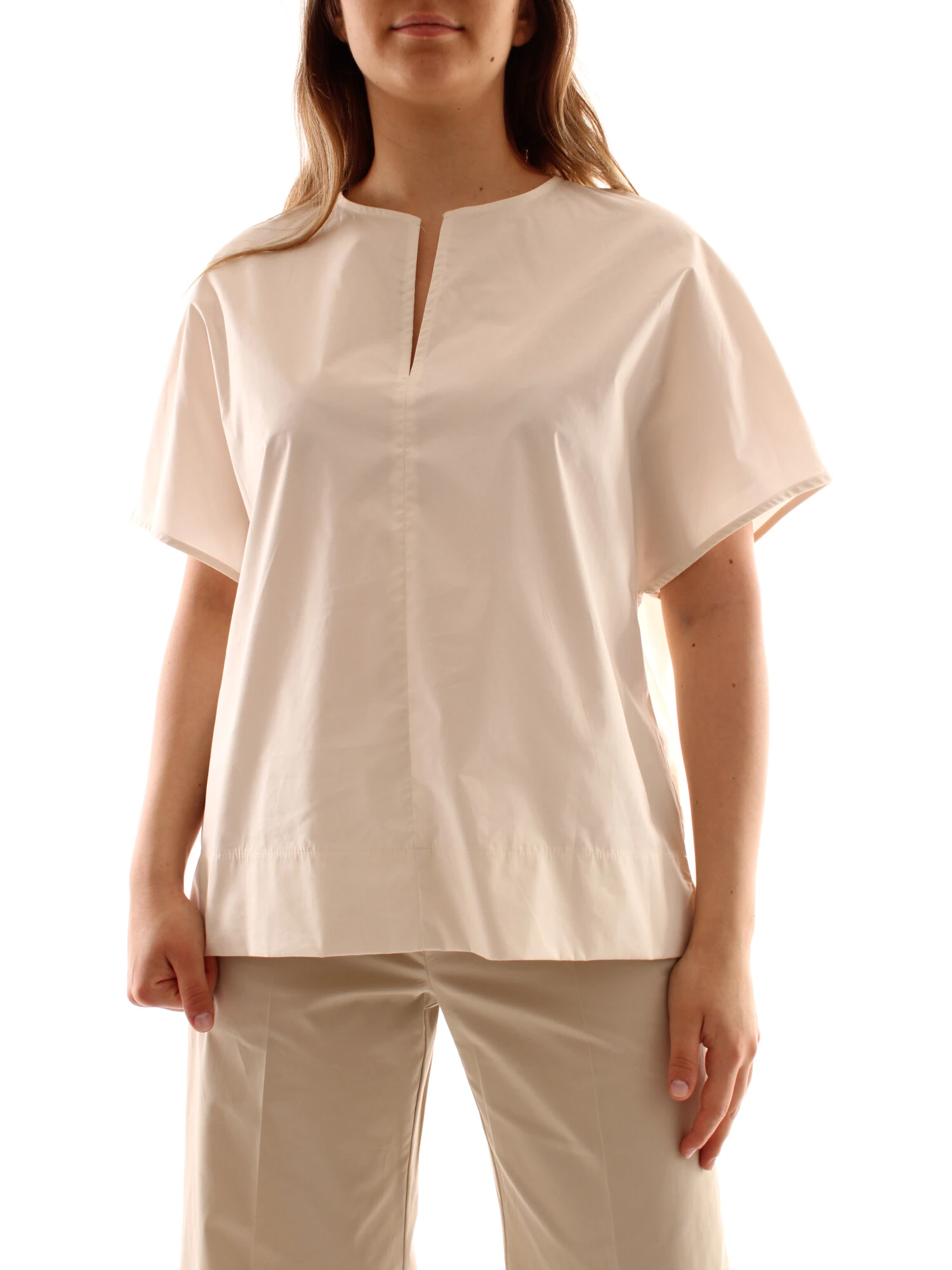 BLUSA CON SCOLLO A V E MANICHE CORTE DONNA BURRO