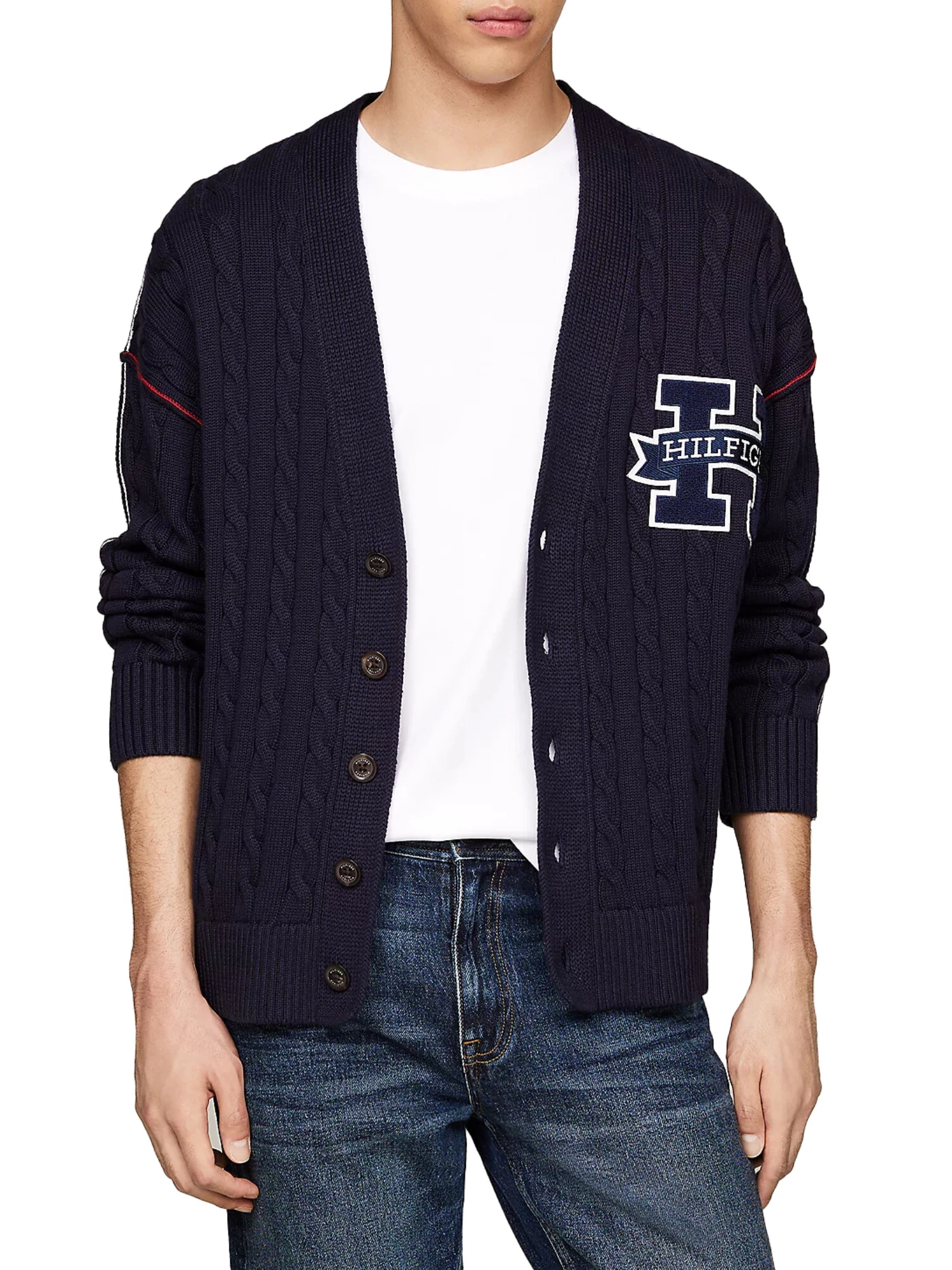 CARDIGAN IN COTONE CON STAMPA LETTERA LOGO UOMO BLU