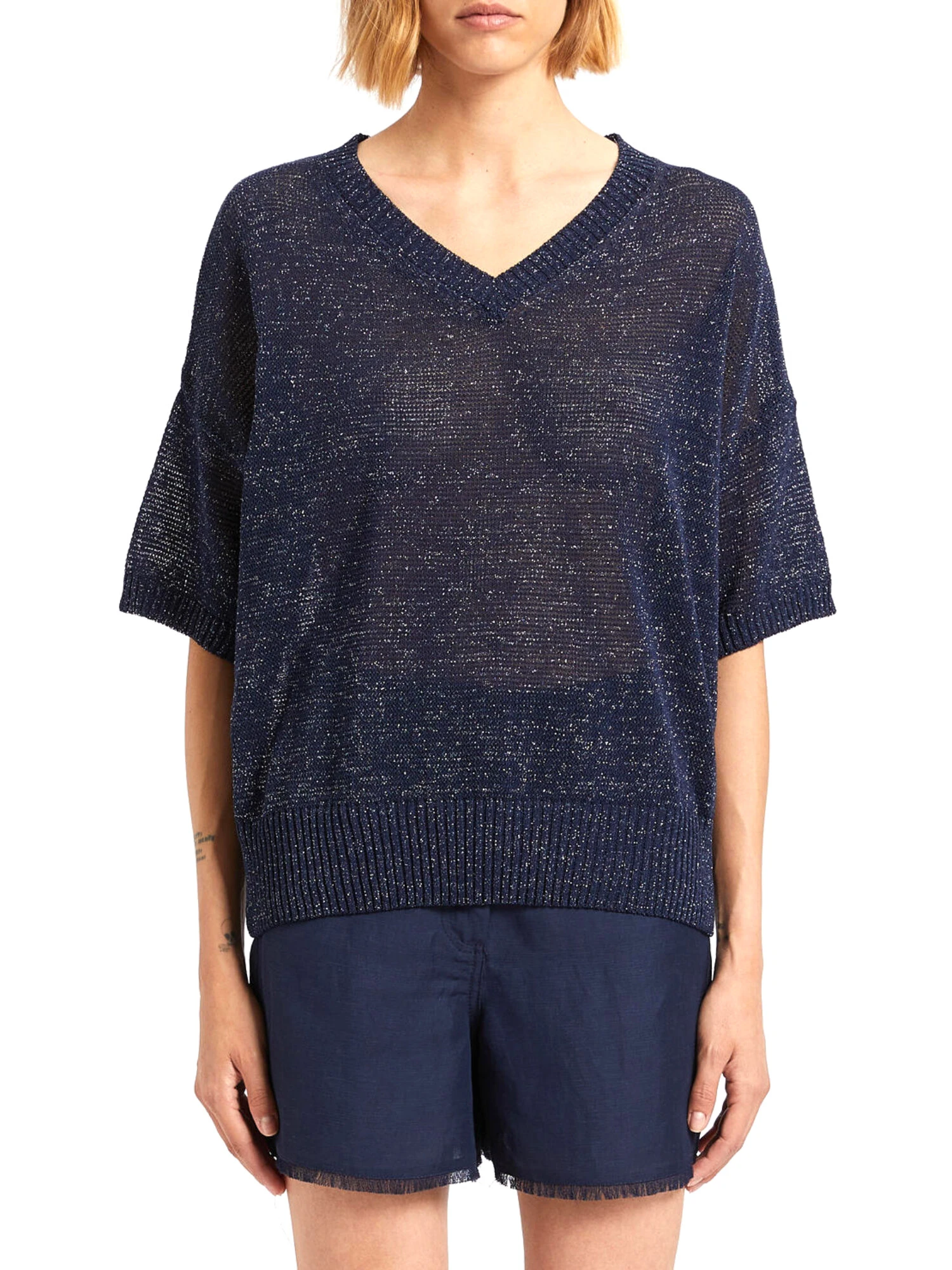 MAGLIA CON SCOLLO A V IN LUREX DONNA BLU