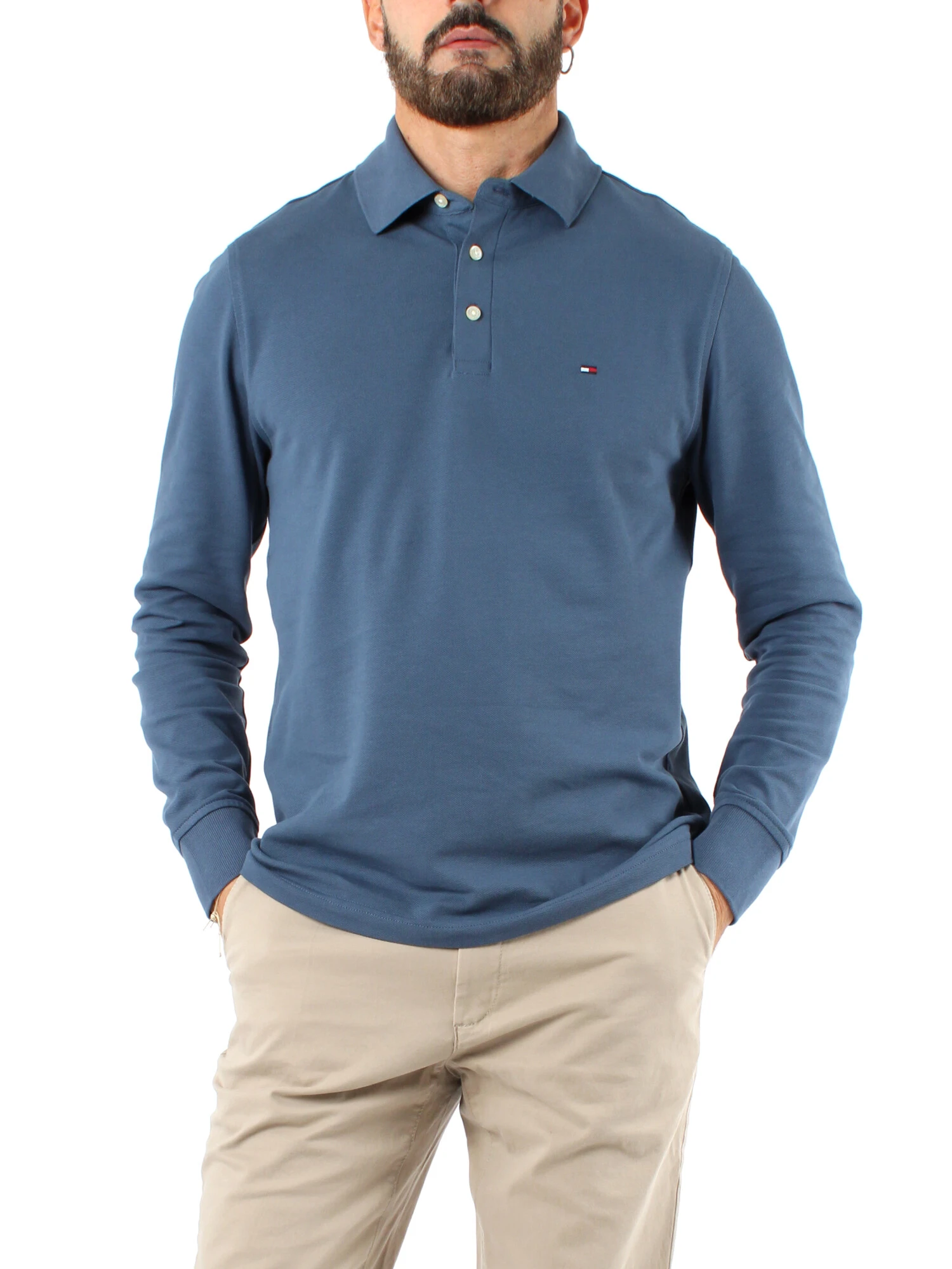 POLO MANICA LUNGA COLLETTO ALTO IN COTONE UOMO BLU