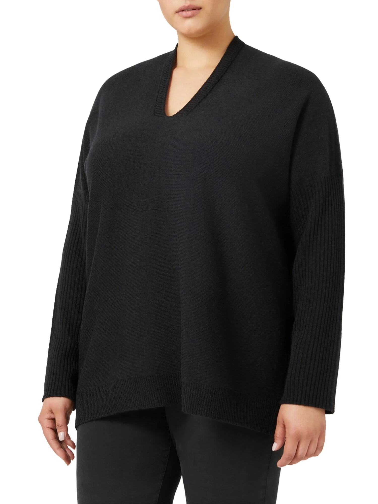 MAGLIA SCOLLO A V IN MISTO LANA VERGINE DONNA NERO